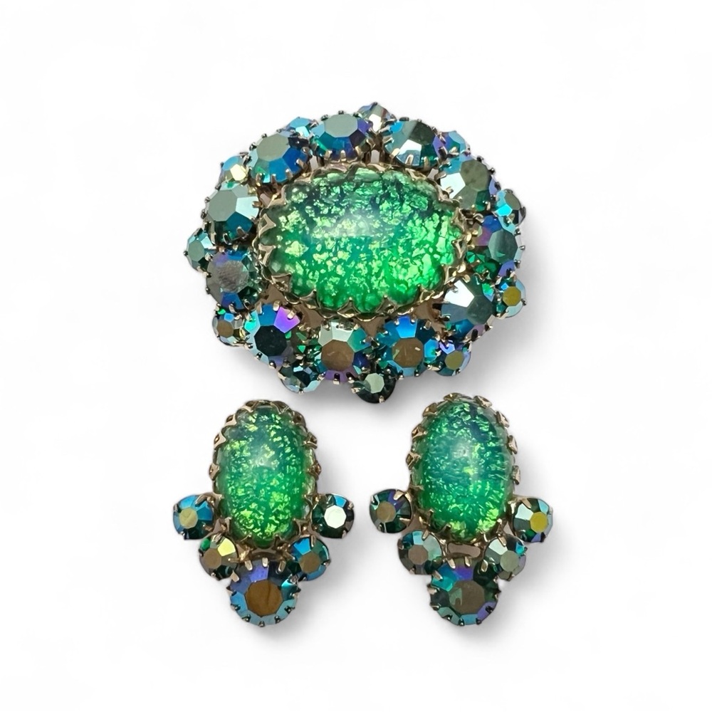 Vintage Coro Green Foiled Glass Dragons Breath AB Rhinestone Earrings Brooch Set